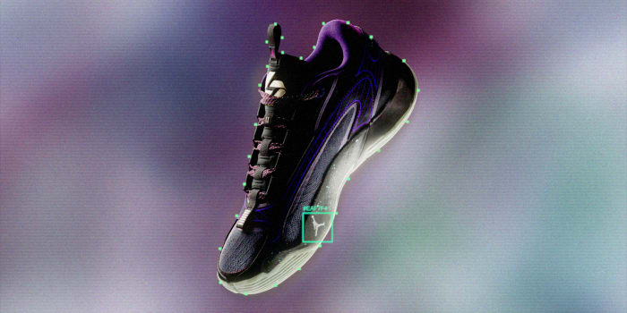 Side view of Luka Doncic's black and purple Jordan Brand shoe.